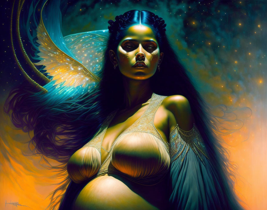 Vibrant painting of woman with luminescent wings in starry backdrop