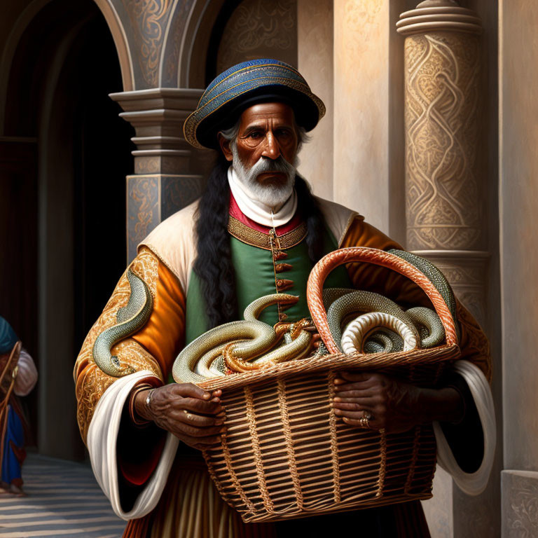 Renaissance man with bread basket in ornate corridor