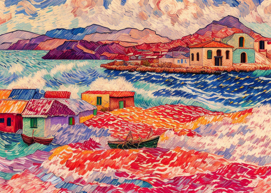Colorful Expressionist Coastal Village Painting with Waves and Sky