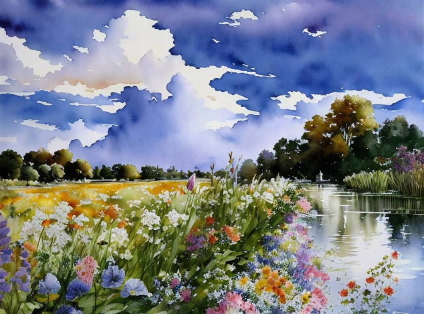 Vibrant flower field by calm lake: watercolor painting.