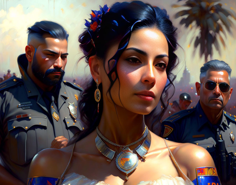 Illustration of woman with floral adornment and two police officers in uniforms.