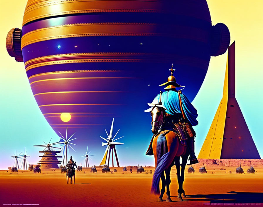 Futuristic desert landscape with rider on horseback