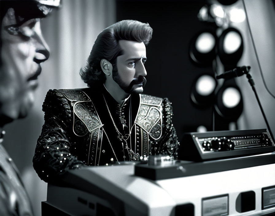 Monochrome image of man with mustache at mixing board in dark jacket