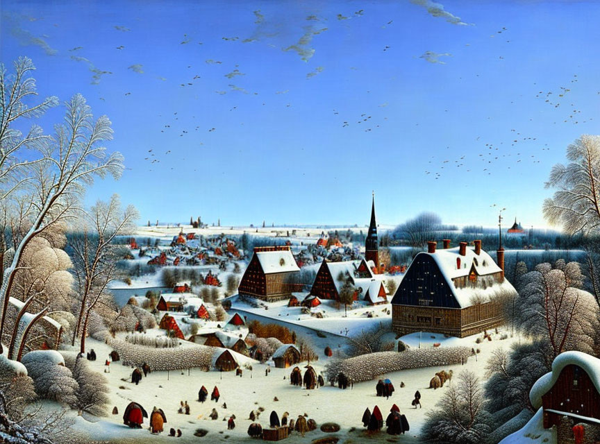 Snowy Winter Village Scene with Houses, Trees, People, and Birds