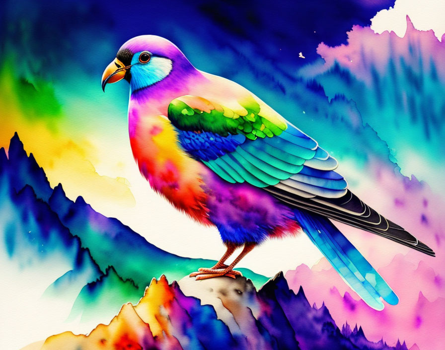 Colorful Bird Illustration on Branch with Rainbow Palette and Abstract Pastel Mountains