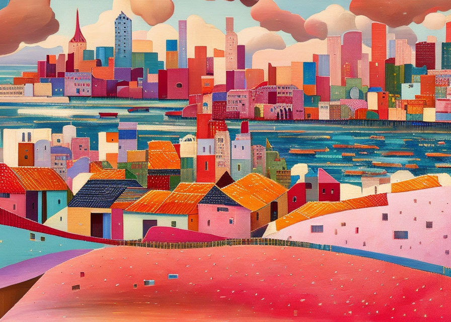 Vibrant cityscape painting with geometric buildings and pastel sky