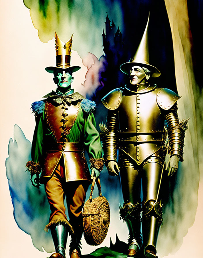 Scarecrow in green and Tin Man in silver with dark castle.
