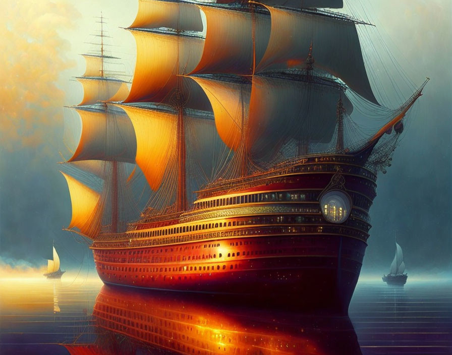 Golden sails on majestic sailing ship at dusk on calm sea