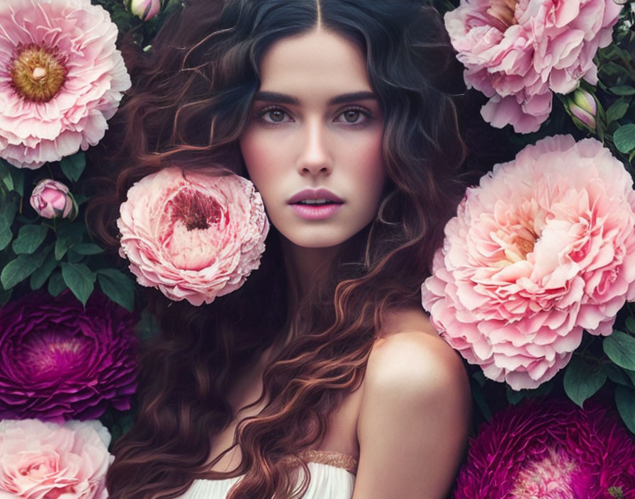 Woman with Wavy Hair Among Vibrant Flowers and Intense Gaze