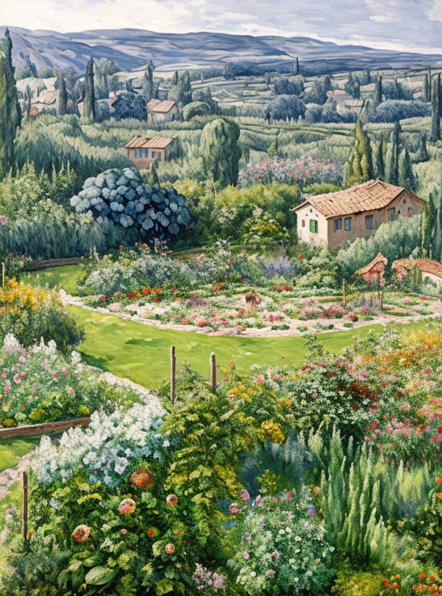 Colorful painting of blooming garden and Tuscan hills with houses