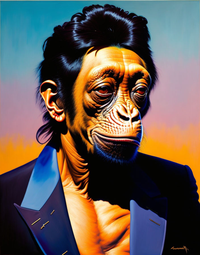 Surreal painting: chimpanzee in suit with human-like face at sunset