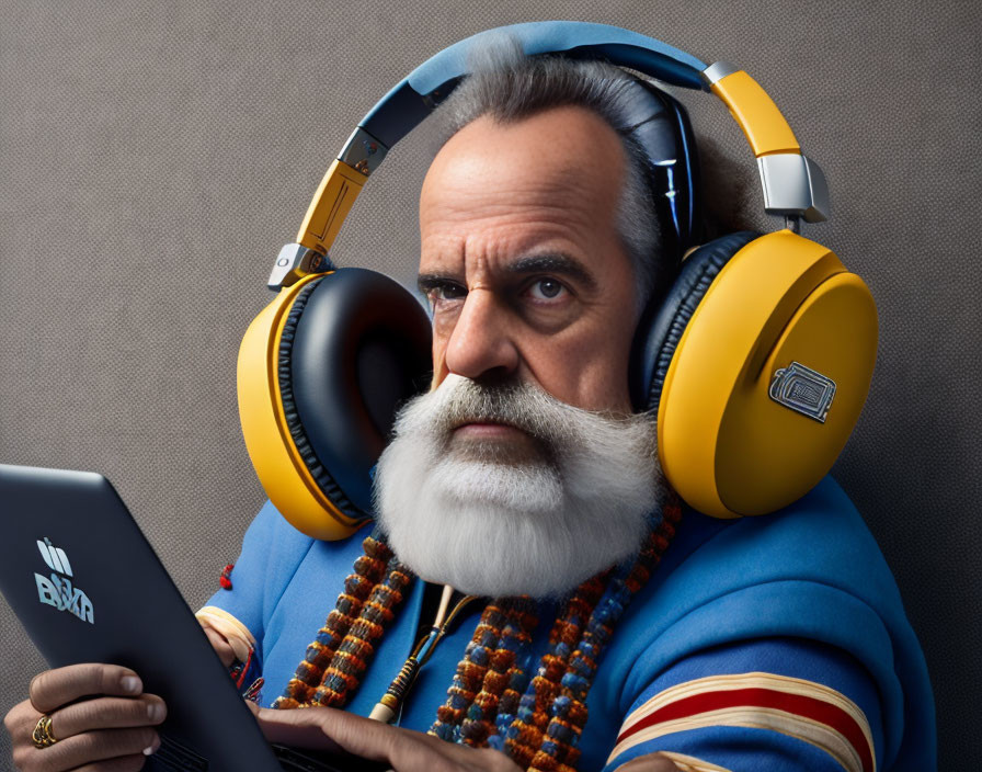Bearded man in headphones with tablet and prayer beads in blue and yellow outfit