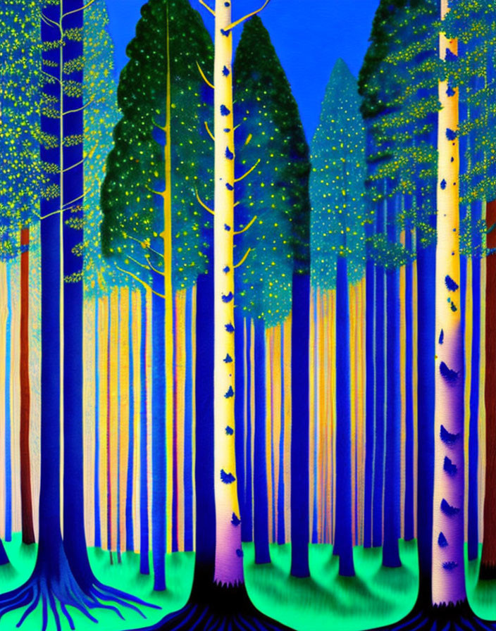Vibrant, colorful forest painting at night with blue and yellow trees.