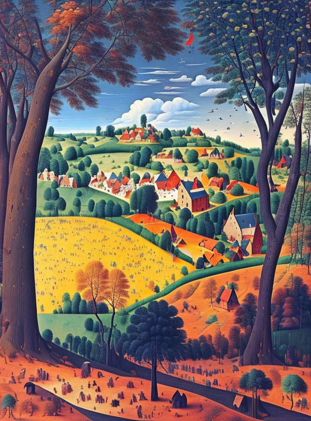 Scenic painting of quaint village in autumn landscape