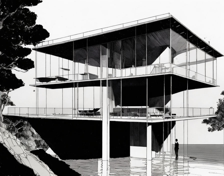 Modern multi-level glass house on coastal cliff with figure.