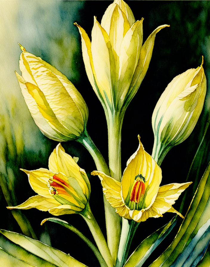 Detailed Watercolor Painting of Yellow Flowers on Greenish-Yellow Background