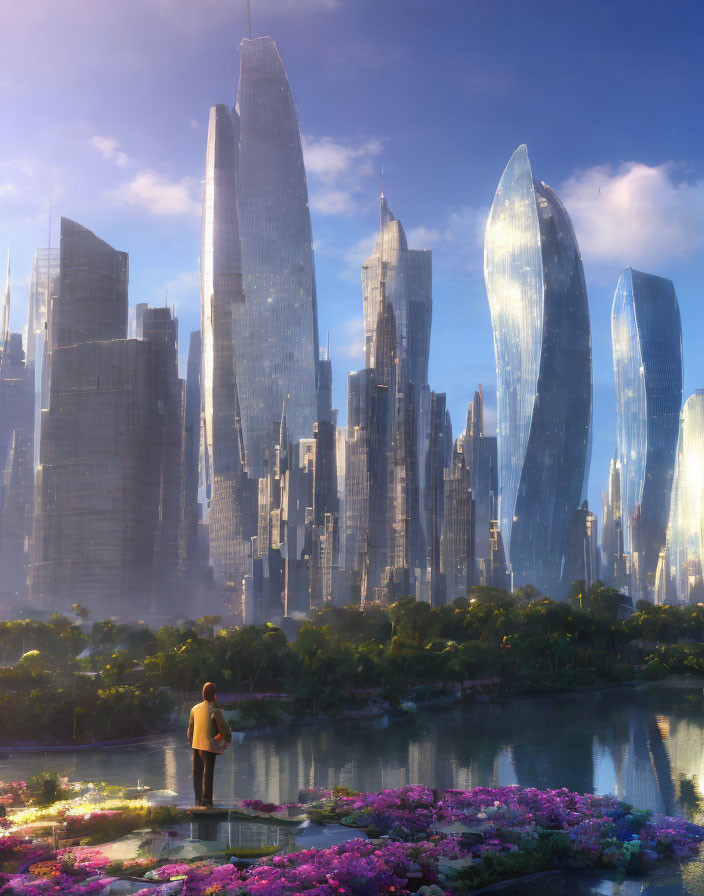 Person admiring futuristic cityscape by lake with flowers.