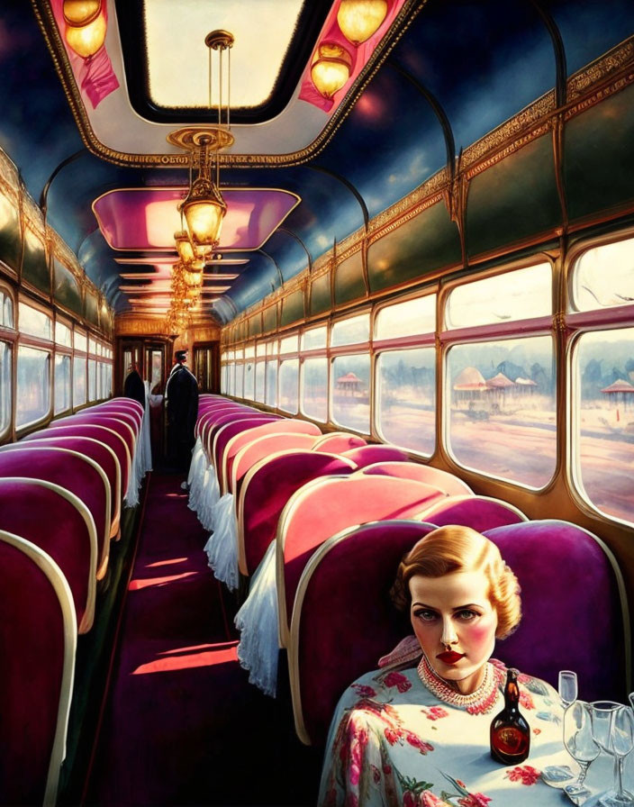 Vintage Train Interior with Plush Seats, Atmospheric Lighting, Woman in Period Attire, Sunset & Mountain
