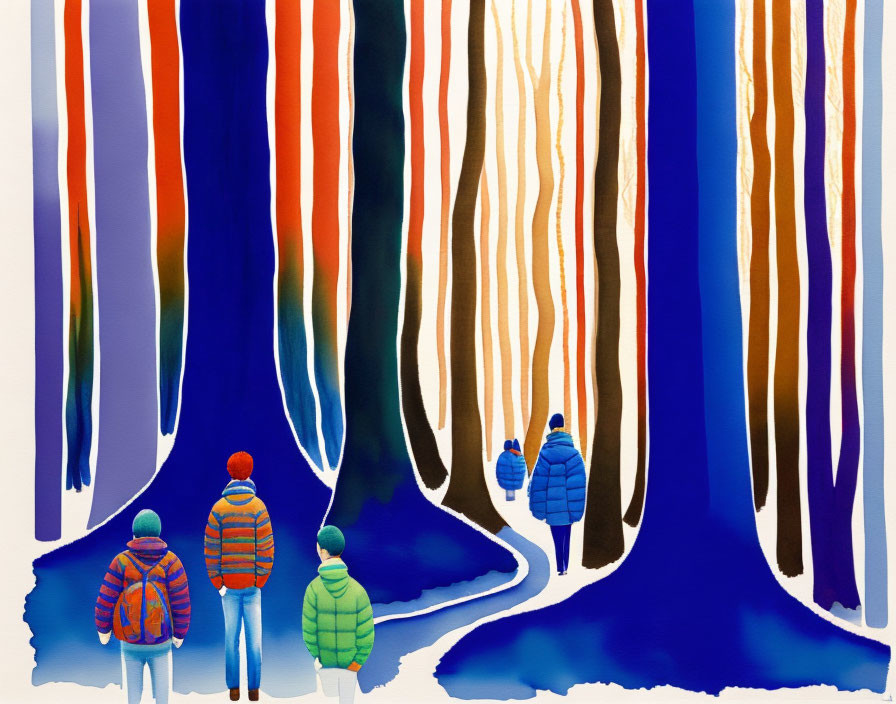 Vibrant abstract painting: four figures in winter attire walking through stylized forest