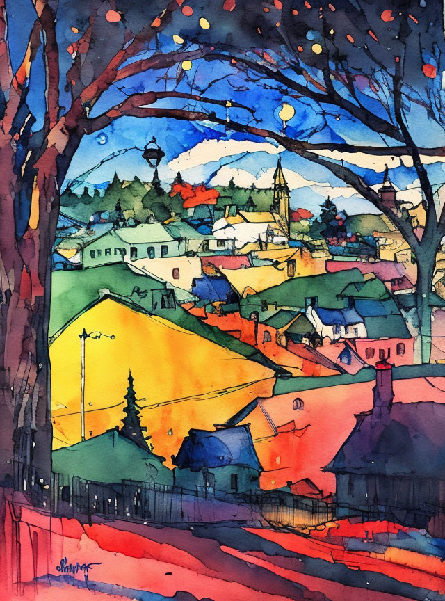 Colorful Watercolor Painting of Quaint Village with Church and Mountain Landscape