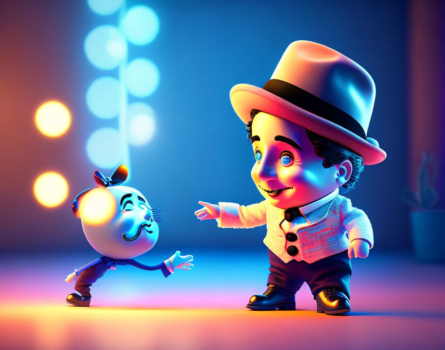 Two animated characters with hat and mustache under colorful lights