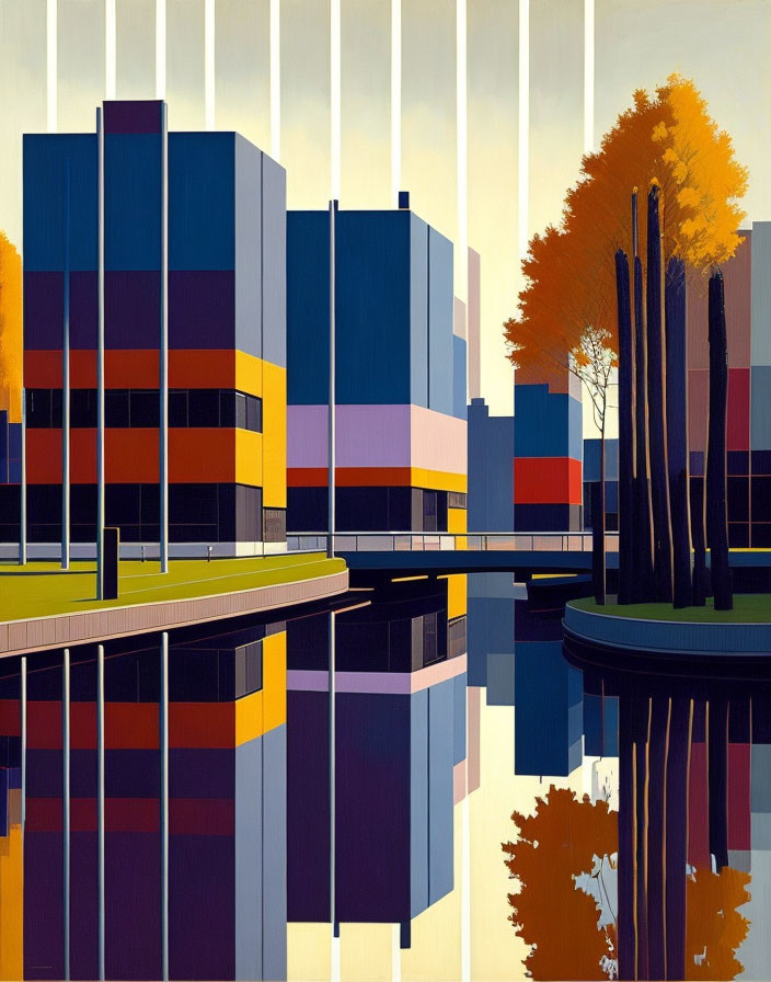 Colorful geometric buildings reflected in still water with autumn trees and clear sky.