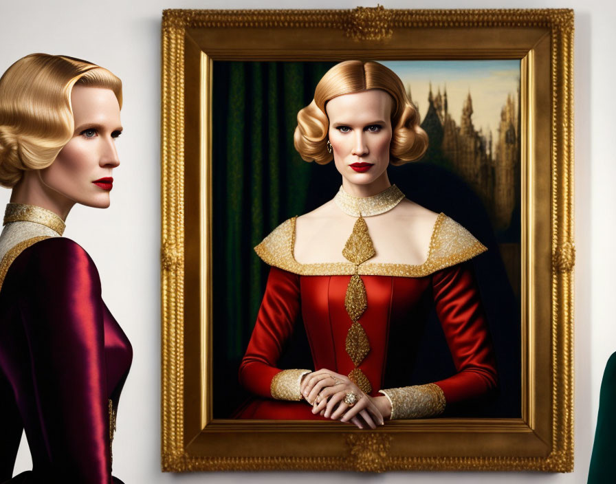 Red dress with white collar and cuffs woman poses beside her framed painting