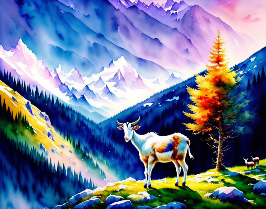 Colorful Landscape Painting with White Goat and Mountain Scenery
