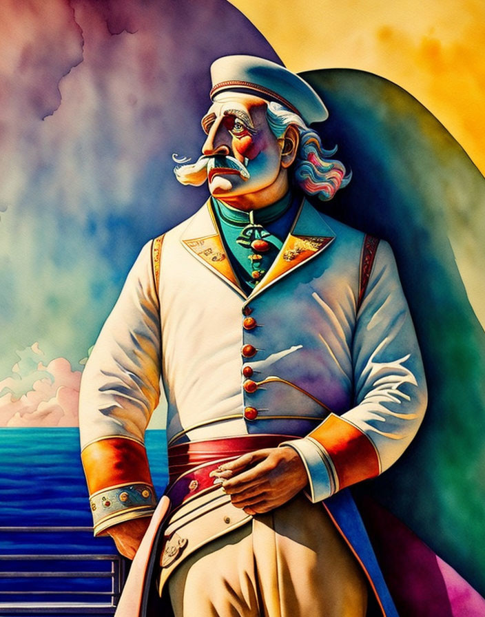 Stoic sea captain with mustache in traditional uniform on surreal ocean background