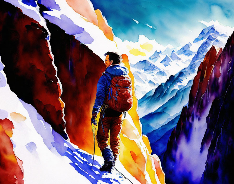 Hiker with red backpack on snowy mountain path with blue peaks in watercolor