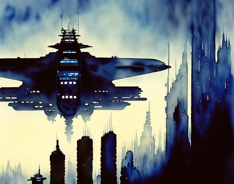 Futuristic cityscape painting with skyscrapers and spaceship