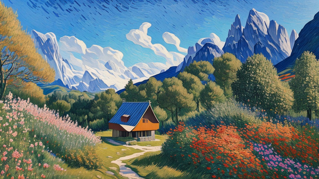 Scenic painting of cottage in lush greenery with mountains & blue sky