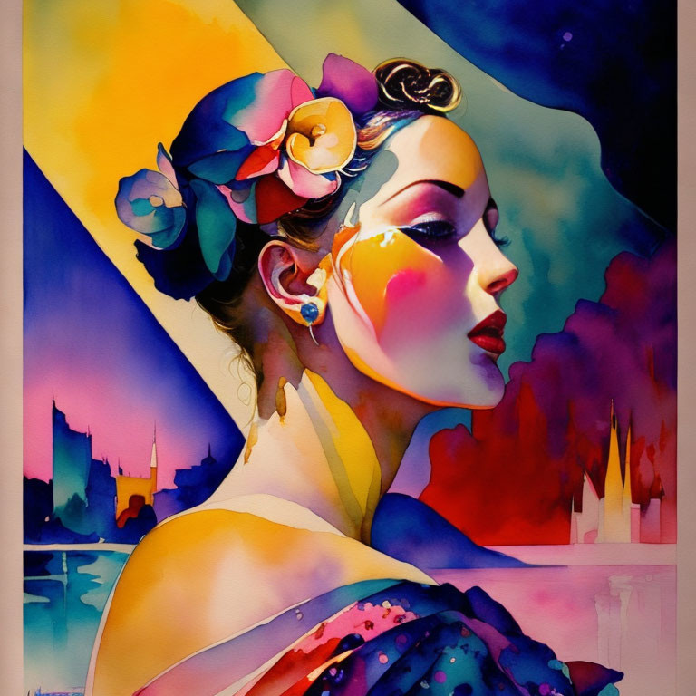 Colorful watercolor painting of a woman with floral hair against abstract cityscape