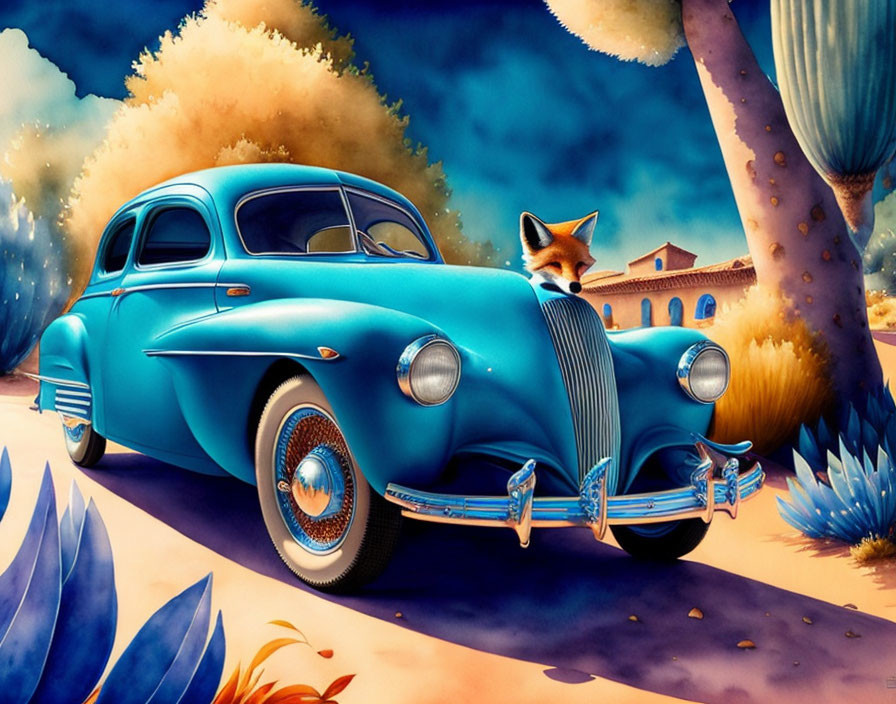 Fox leaning on vintage blue car in vibrant landscape