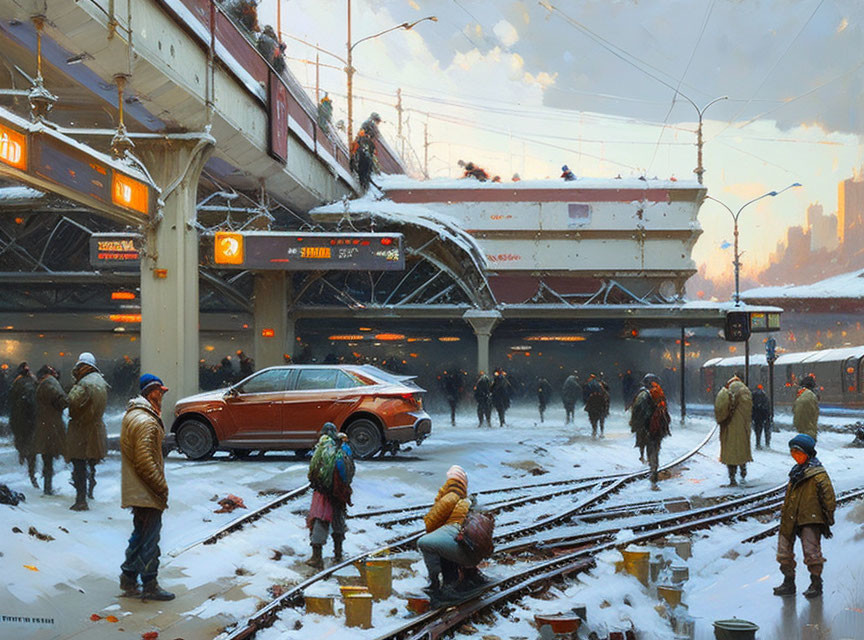 Winter scene at train station with red car, people in winter clothes, and city lights at twilight