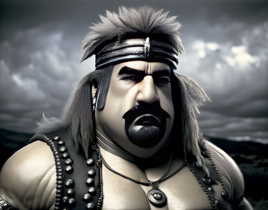 Fantasy character with mohawk and tribal attire in stormy sky