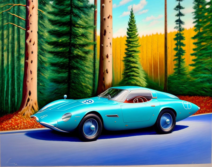Colorful Illustration: Classic Blue Sports Car Racing in Forest Setting