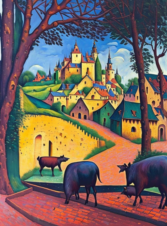Medieval walled city painting with castle, hills, trees, and bulls