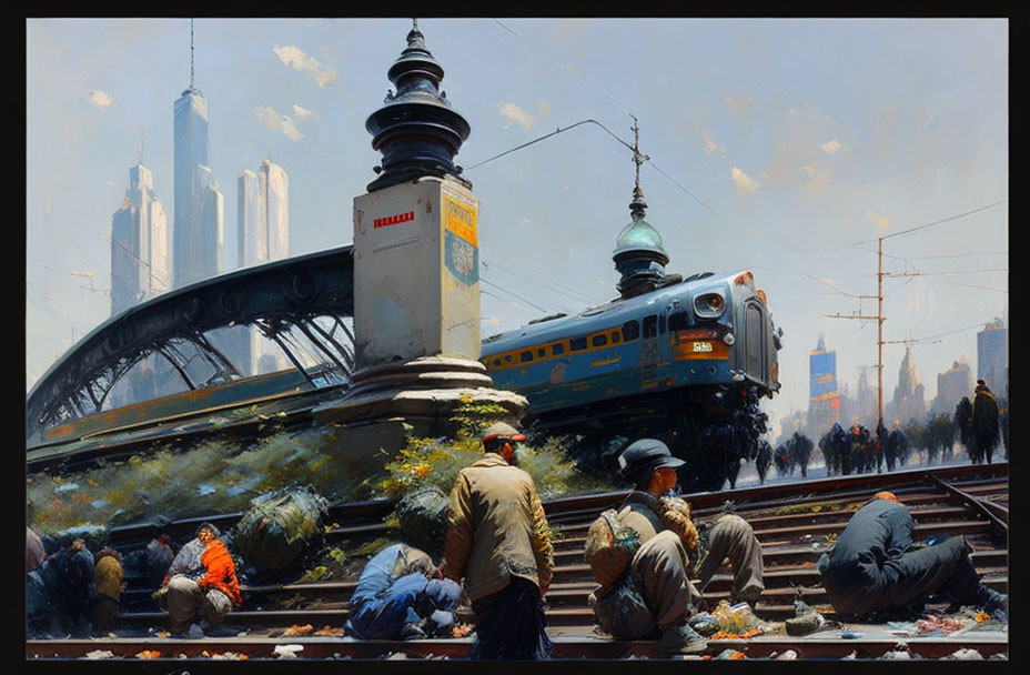 Colorful cityscape painting: train at platform with bustling crowd & futuristic skyline