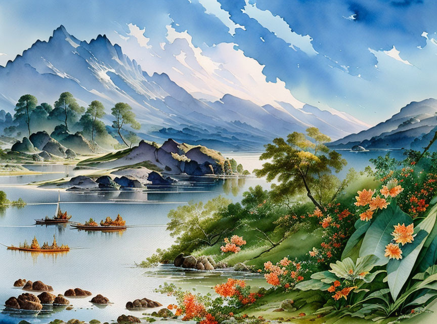 Tranquil landscape with mountains, lake, boats, and flowers
