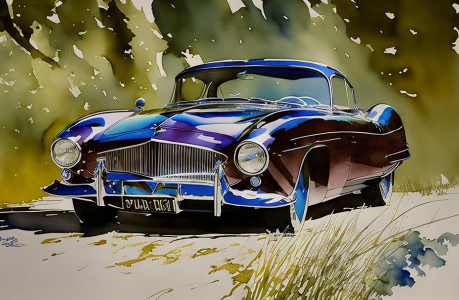 Vibrant Watercolor Painting of Classic Blue Car