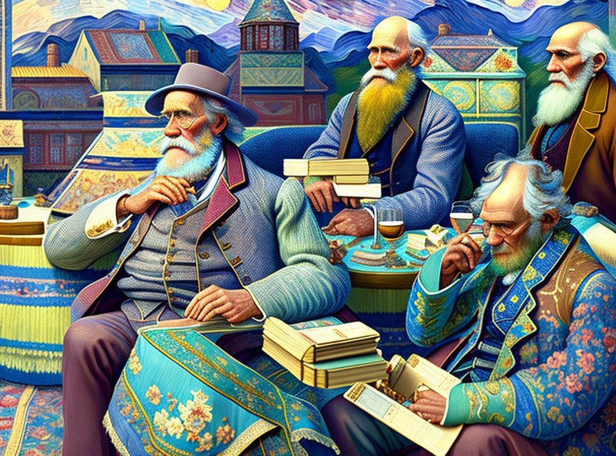 Four bearded men in traditional attire sitting surrounded by books and a teacup, with picturesque houses