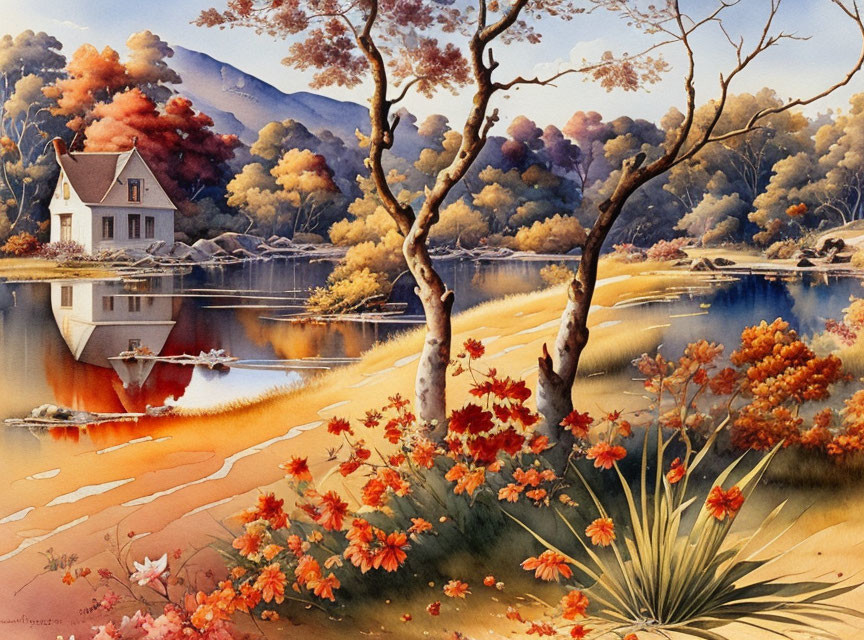Tranquil autumn landscape with lake, boat, vibrant foliage, and white house