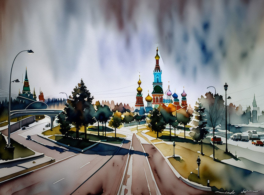 Cityscape Watercolor Painting with Onion-Domed Architecture, Bridge, Trees, Cars, and Lamp Post