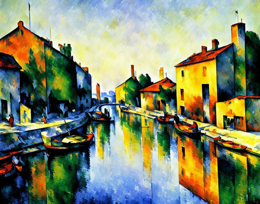 Colorful Riverside Scene with Boats and Houses under Blue Sky