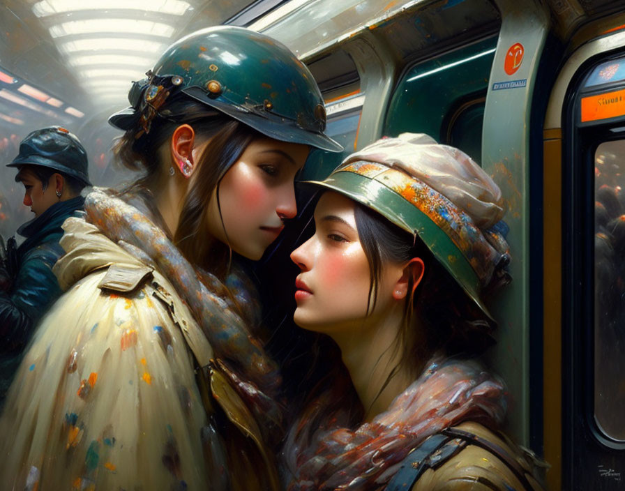 Two women in military helmets and paint-splattered clothing on subway train
