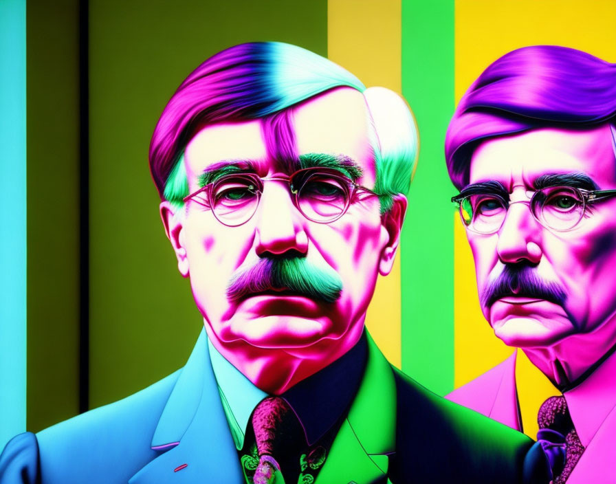 Vibrant pop art portrait of a man with mustache and glasses