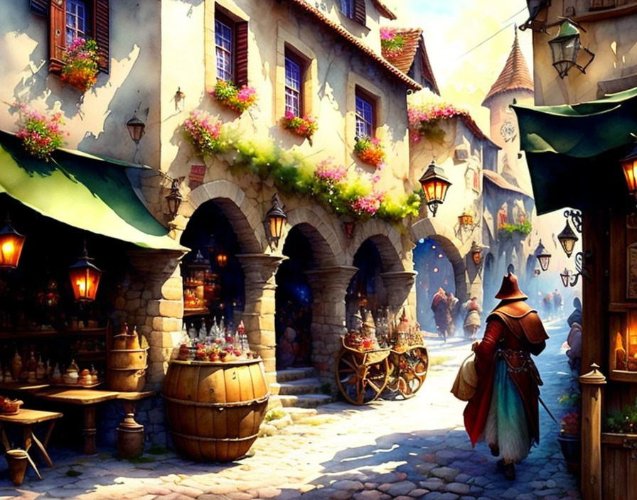 Medieval marketplace scene with cobblestone paths, colorful flowers, wooden barrels, and cloaked figure