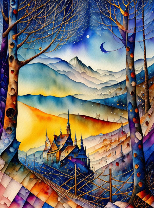 Fantastical watercolor landscape with stylized trees and whimsical structures