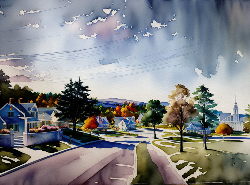 Serene suburban street scene with colorful trees and houses